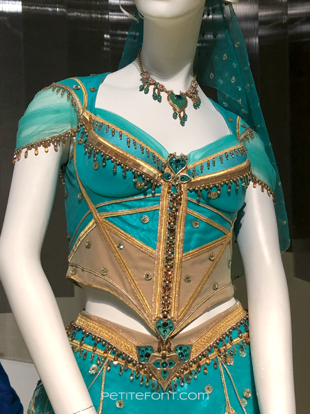 Close up of the bodice for the Jasmine costume from the movie Aladdin, at the 2020 movie costumes exhibit at FIDM