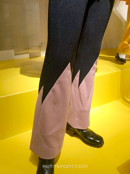 Close up of Wesley Snipes' pink and black pants from My Name is Dolomite, at the 2020 movie costumes exhibit at FIDM