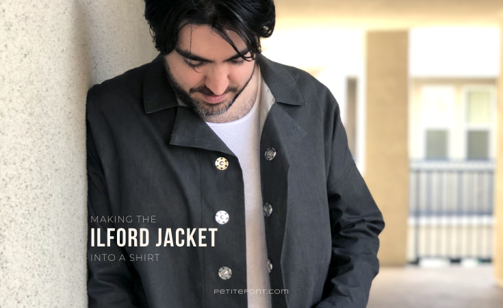Man in an open charcoal grey Ilford Jacket as a shirt with text overlay that reads Making the Ilford Jacket into a Shirt
