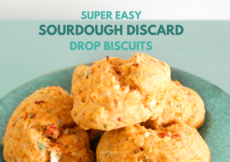 Trio of 3 Sourdough Drop Biscuits on a turquoise plate with text overlay that reads Super Easy Sourdough Discard Drop Biscuits, PetiteFont.com