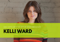 Image of a woman in a striped long sleeve shirt standing in front of a white brick wall. Text reads Q&A with Sew My Style 2020 Designer Kelli Ward, PetiteFont.com