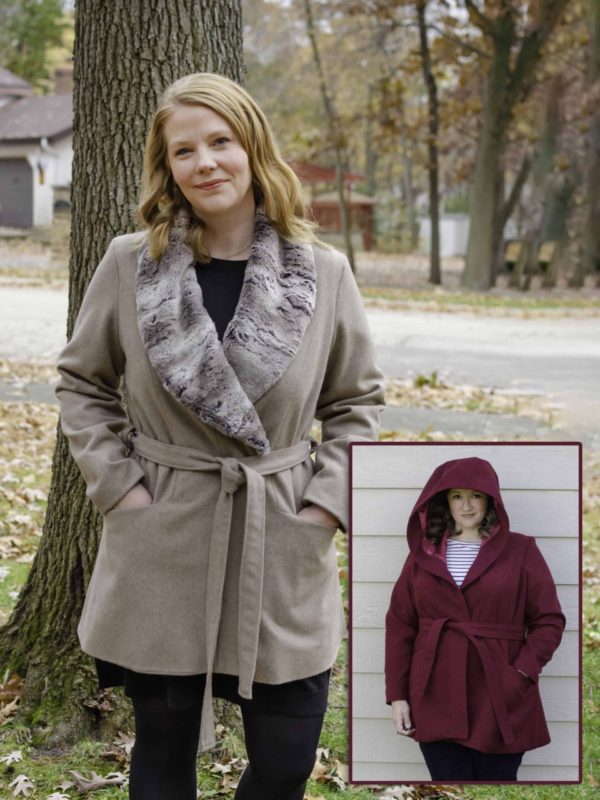 2 images of women in the Octave jacket, one with a furlined shawl and the other with a hood