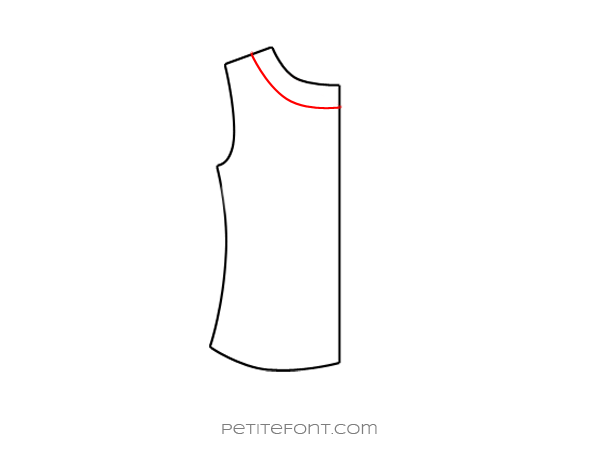 Flat drawing of a sewing pattern back bodice with a back neck facing drawn in red