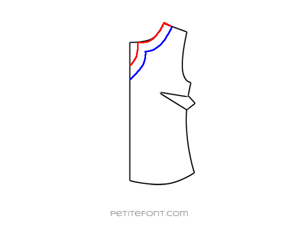 Flat drawing of a sewing pattern front bodice with the new keyhole neckline drawn in red and bottom of the facing drawn in blue