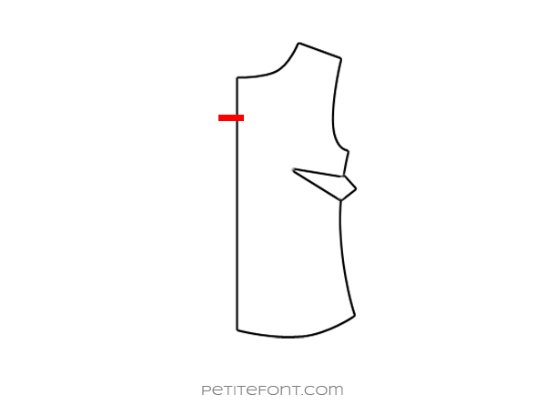 Flat drawing of a sewing pattern front bodice with the new keyhole opening drawn in red