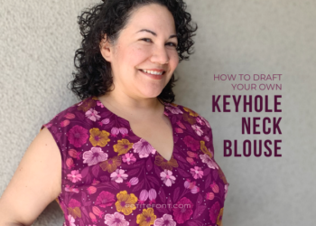 Latina woman with black curly hair smiling at the camera in a floral open keyhole blouse. Text overlay reads "how to draft your own keyhole neckline, PetiteFont.com"