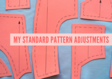 Orange pattern pieces on a blue cloth with text overlay in orange that reads "my standard pattern adjustments."