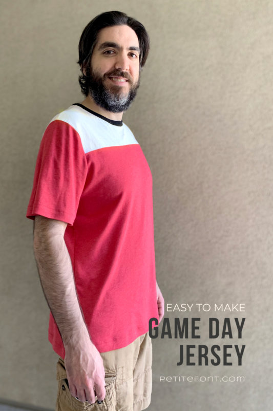 Three-quarter view Ryan smiling at the camera while wearing a red, white, and black t-shirt. Text overlay reads Easy to Make Game Day Jersey. Petite Font.com