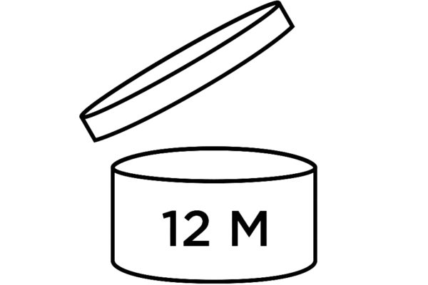Line drawing of a jar with the lid off and a 12 M on the side of the jar. This symbolizes a cosmetics expiration date of 12 months from opening.