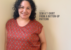 Curly haired Latina woman in a dark rust colored floral woven t-shirt. Text overlay reads "how to sew a t-shirt from a button-up pattern, petite font dot com"