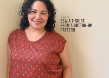 Curly haired Latina woman in a dark rust colored floral woven t-shirt. Text overlay reads "how to sew a t-shirt from a button-up pattern, petite font dot com"