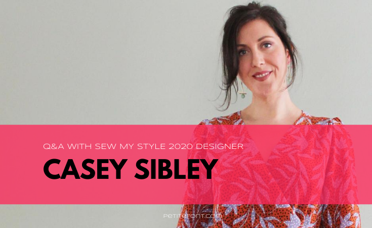 Image of Pattern Scout owner and designer with black and white text overlay in a red box that reads Q&A with Sew My Style 2020 Designer Casey Sibley