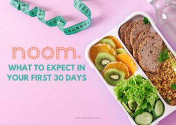 A pink background with a healthy lunch featured, and a measuring tape and clear water bottle on the edges. The orange Noom logo is above text that reads "what to expect in your first 30 days"