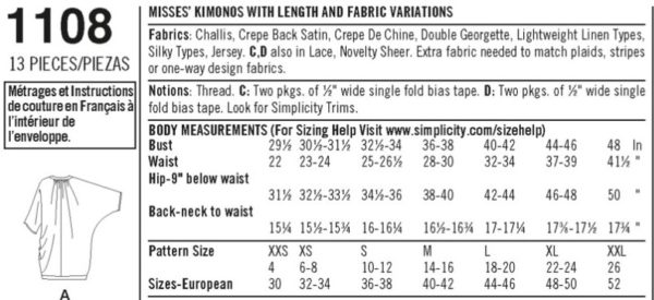 Black text on white background describing Simplicity 1108 as Misses' Kimonos with length and fabric variations. It lists the fabric types for each version or view, notions needed, body measurements, and pattern sizes in both US and European size ranges. The pattern encompasses a bust size of 29.5" to 48"