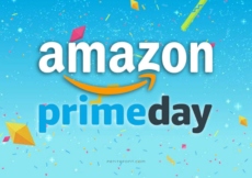 Gradient blue to aqua background with confetti. Text reads Amazon prime day.