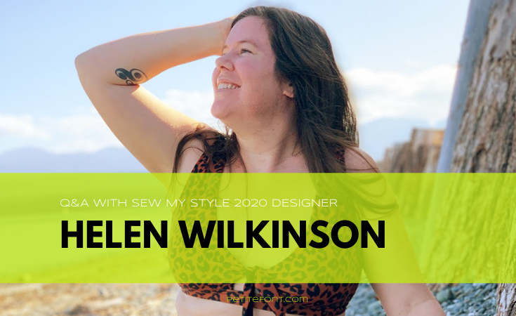 Image of Helen of Helen's Closet in a bikini on the beach. Text overlay reads Q&A with Sew My Style 2020 Designer Helen Wilkinson