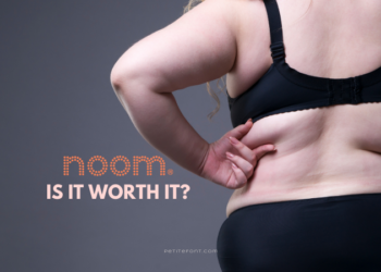 Back view of a thick white woman in black panties and underwear, pinching her fat roll with text overlay that reads "Noom Is It Worth It?"