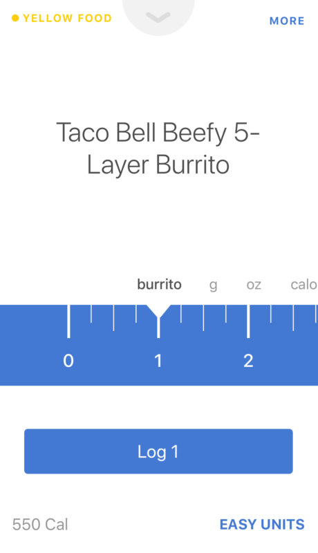 Screenshot of Noom's calories for one Taco Bell Beefy 5-Layer Burrito