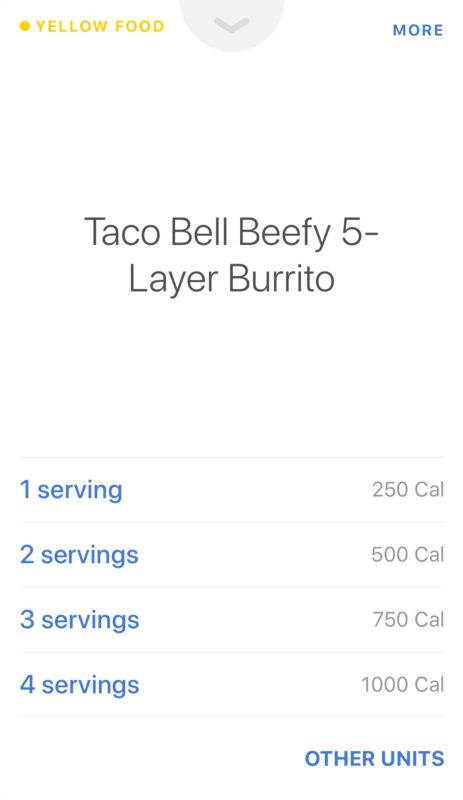 Screenshot of Noom's calories for 1-4 servings of a Taco Bell Beefy 5-Layer Burrito