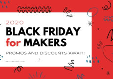 White box surrounded by bright orange background with black and teal doodles. Text overlay reads 2020 Black Friday for Makers promos and discounts await!