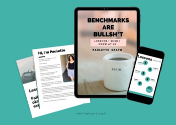 Teal background with several mobile devices and pages showcasing the cover of the book "Benchmarks are Bullsh*t"