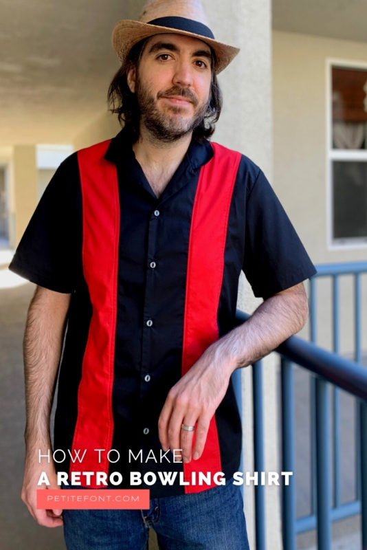 Ryan leaning against a blue railing wearing a straw hat, red and black colorblocked bowling shirt, and blue jeans. Text overlay reads How to Make a Retro Bowling Shirt