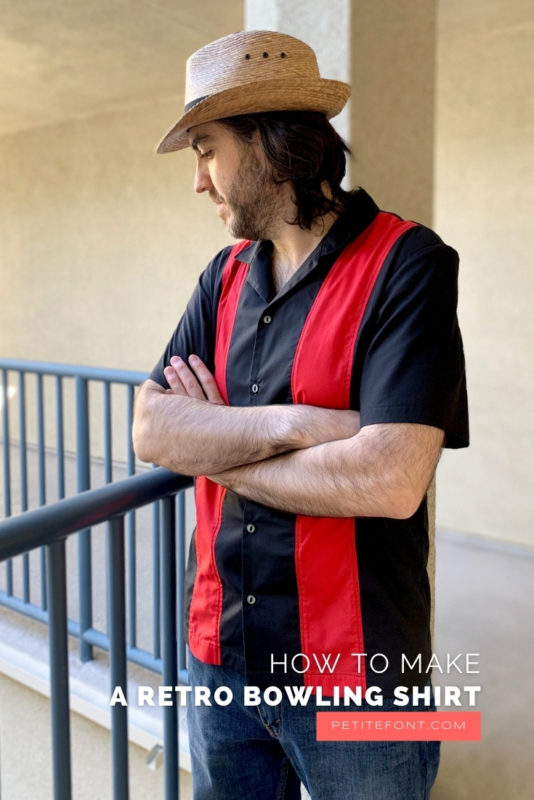 Ryan looking down over a blue railing with his arms crossed, wearing a straw hat, red and black colorblocked bowling shirt, and blue jeans. Text overlay reads How to Make a Retro Bowling Shirt