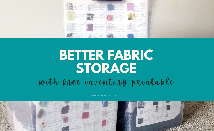 Storage bins on the ground with text overlay that reads "better fabric storage with free inventory printable"
