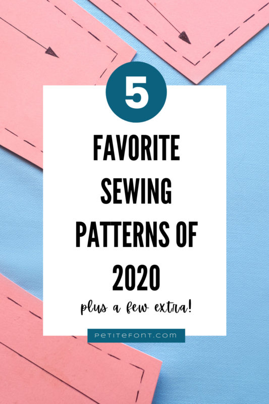 Pink sewing pattern pieces on a blue background. Text overlay reads 5 favorite sewing patterns of 2020 plus a few extra!