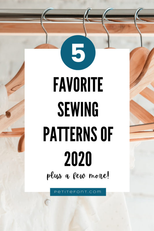 Wood hangars on a white background. Text overlay reads 5 favorite sewing patterns of 2020 plus a few more!