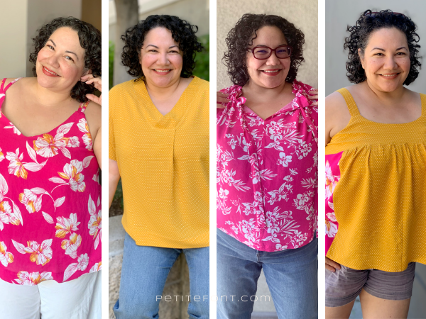 4 panels showing a short haired Latina woman in various bright pink and gold summer blouses
