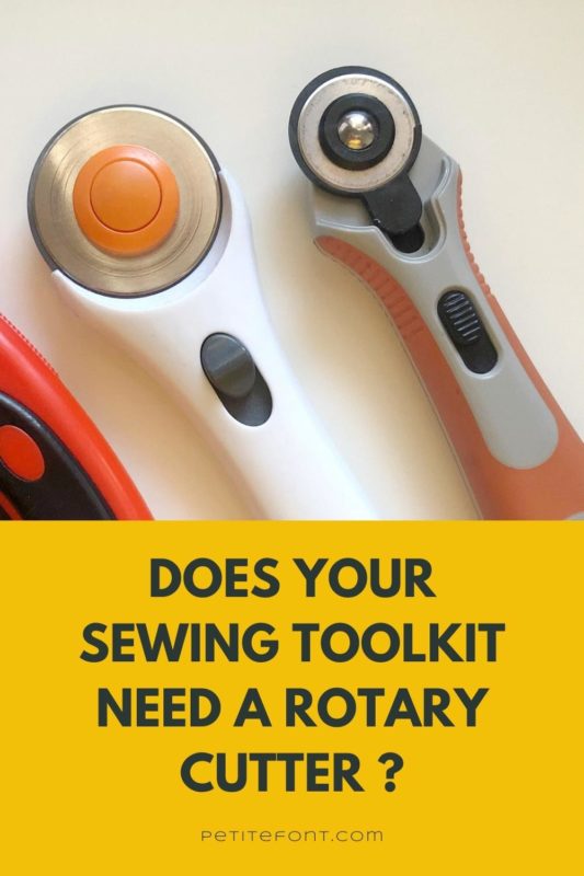 Selection of 3 different rotary cutters: an ergonomic handled red one with pinking blade, a straight white one with regular blade, and a small grey and orange one with a smaller blade. Text overlay in a yellow box reads "does your sewing toolkit need a rotary cutter?"
