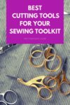 Collection of embroidery scissors on a grey corduroy background. Text overlay in a purple box reads "best cutting tools for your sewing toolkit"