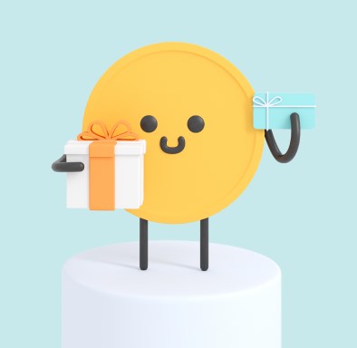Cute yellow circle with stick arms and legs and a happy face holding gifts, standing on a white pedestal against a light blue background