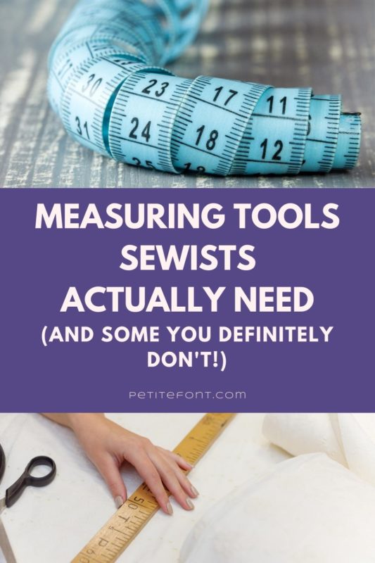 2 images separated by a purple textbox. Top image is a light blue measuring tape, bottom image is a hand on a yardstick with a pair of sewing scissors off to the side. Text reads "measuring tools sewists actually need (and some you definitely don't!)"