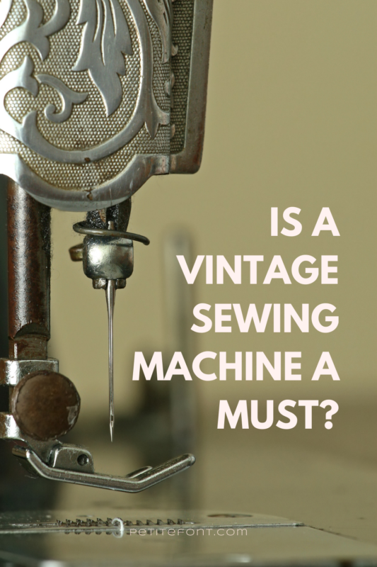 Zoomed in view of a vintage sewing machine with text overlay that reads "is a vintage sewing machine a must?"