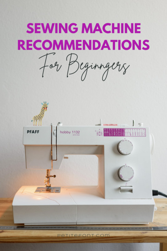A white and purple sewing machine sits on a table with the light on, and a small toy giraffe sitting on top of it. Text overlay reads "sewing machine recommendations for beginners."