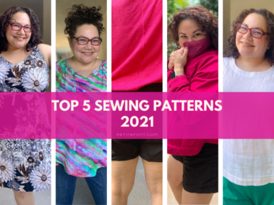 5 panel picture with 5 different outfits modeled. Text overlay in white over pink box reads "top 5 sewing patterns of 2021"