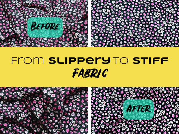 2 side by side fabrics before and after soaking in gelatin. Text overlay reads from slippery to stiff fabric.